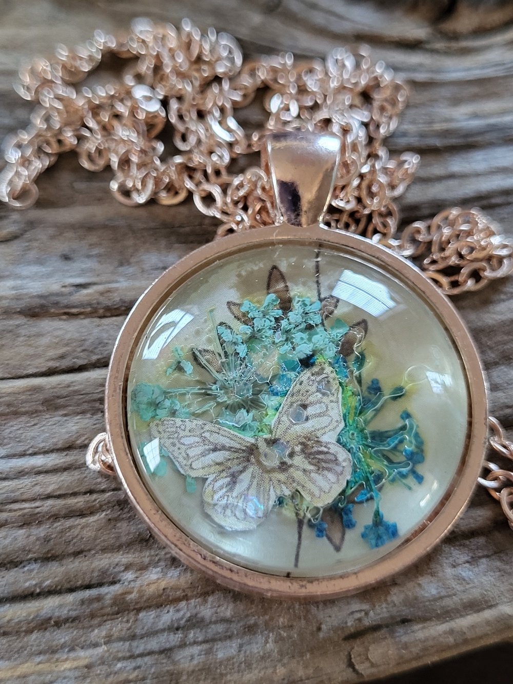 Handcrafted Butterfly Under Glass Necklace in Rose Gold with Aqua Florals